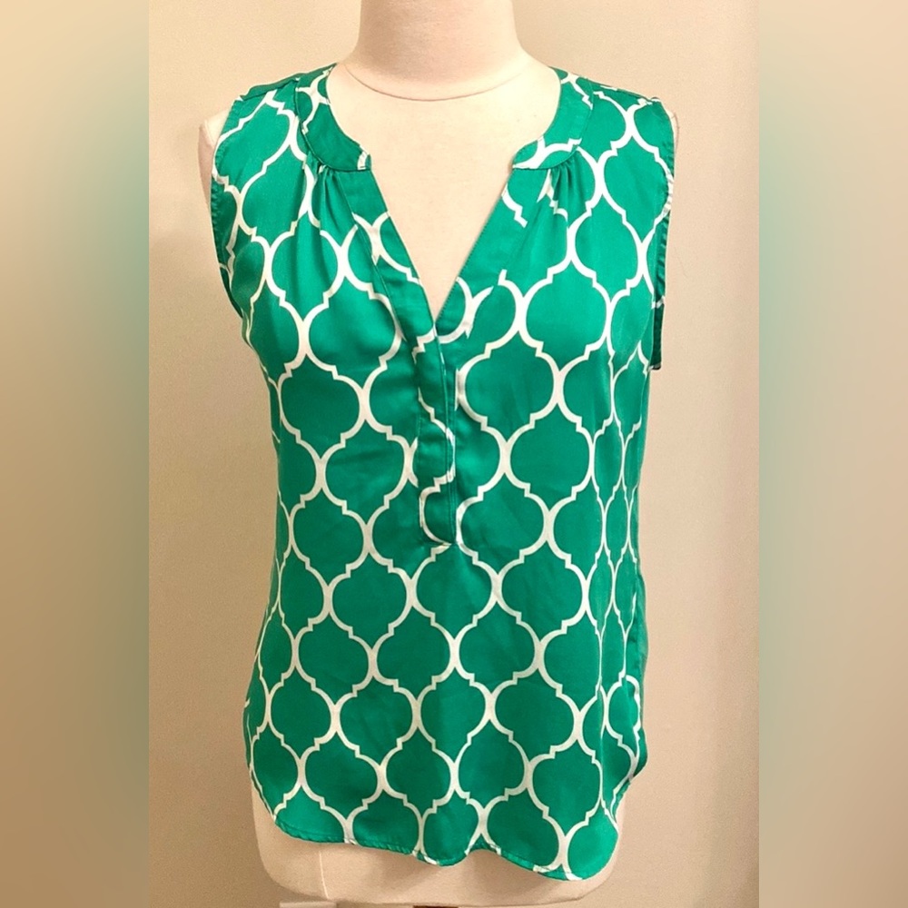 Hanna & Gracie Green White Geometric SZ L Preppy Office Chic Mod Fresh Retro Top